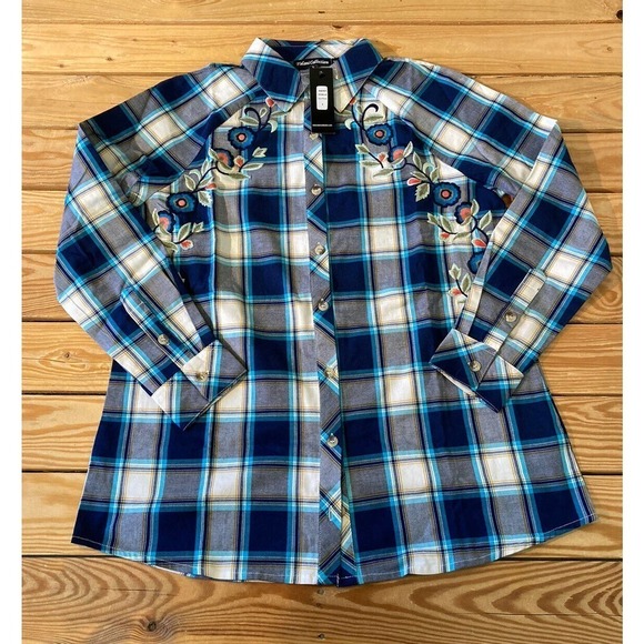 NWT Tolani Collection Embroidered Button Front Plaid Top Size Small Women’s Blue - Picture 1 of 9